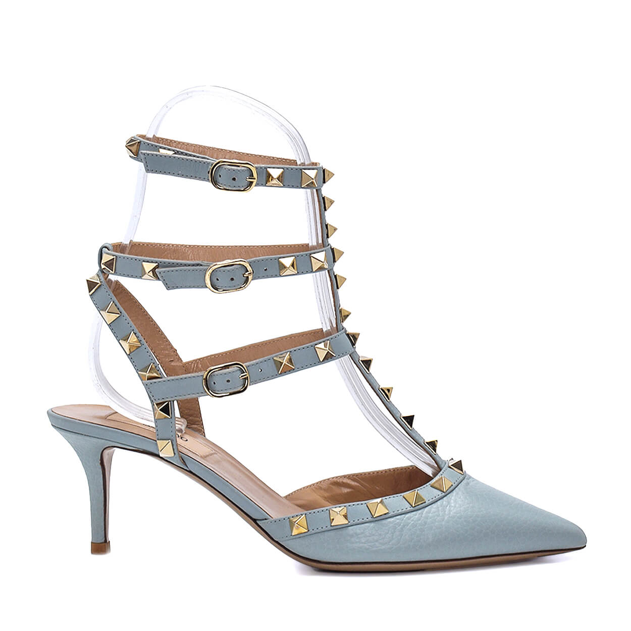 VALENTINO - Baby Blue Leather Rockstud Caged Ankle Strap Pumps